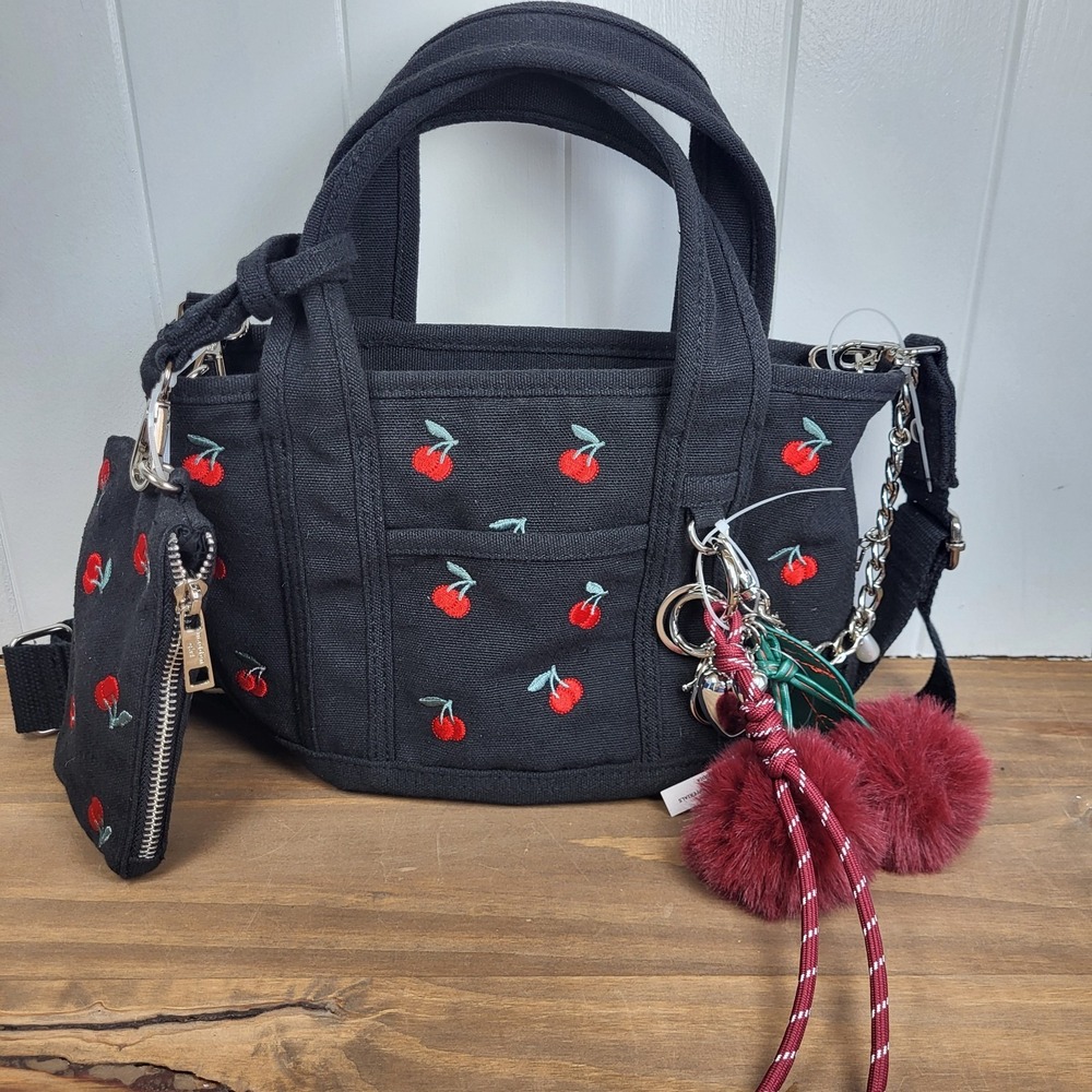 NEW Madden Girl Black Cherry Embroidered Canvas Tote Crossbody Bag W/Charms